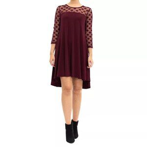 Nina Leonard Women's XL High-Low Dress in Deep Wine with Sheer Polka Dot Details